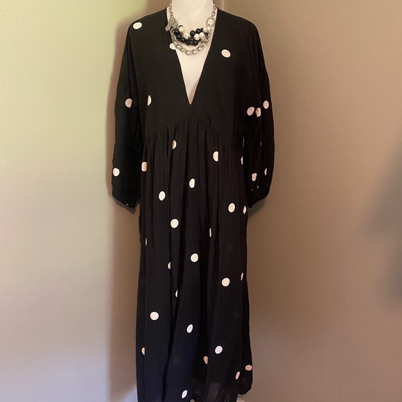 Elegant Sz 2X 20 Paper Lace Black Polka Dot Maxi Dress - Picture 1 of 11